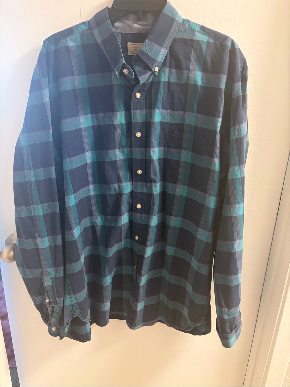 J.Crew Mens XL Teal Navy Plaid 100% Cotton Button Down Shirt Flawed Button